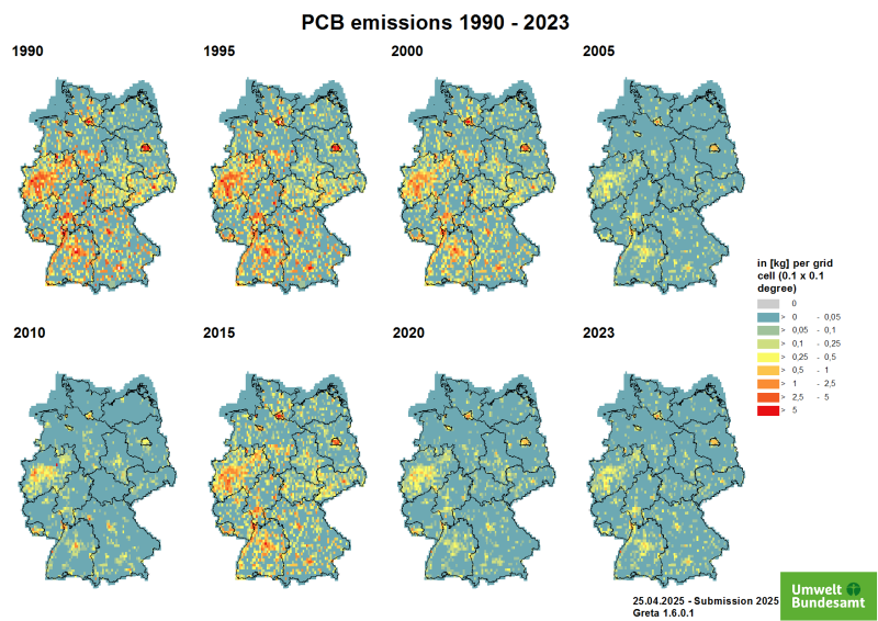  emissions of PCBs 1990-2023 