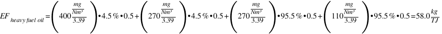 EF_{heavy fuel oil} = (400 mg/Nm³ / 3.39) • 4.5 % • 0.5 + (270 mg/Nm³ / 3.39) • 4.5 % • 0.5 + (270 mg/Nm³ / 3.39) • 95.5 % • 0.5 + (110 mg/Nm³ / 3.39) • 95.5 % • 0.5 = 58.0 kg/TJ